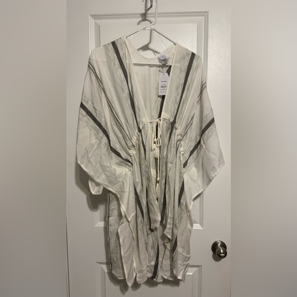 NWT Time and Tru Womens White/Green Striped Kimono Cardigan w/ Tassel Tie